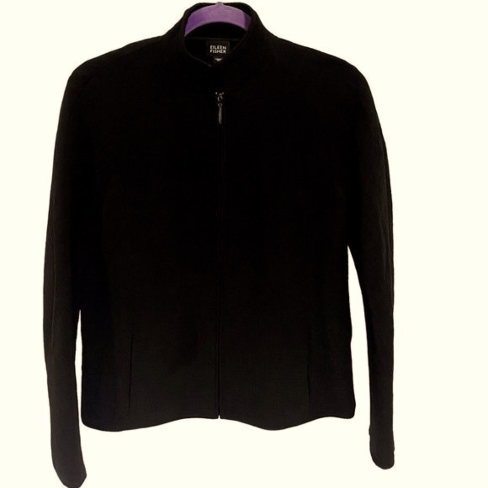 Eileen Fisher Mandarin Collar Full Zip Textured Black Rayon Silk Blend Jacket XS